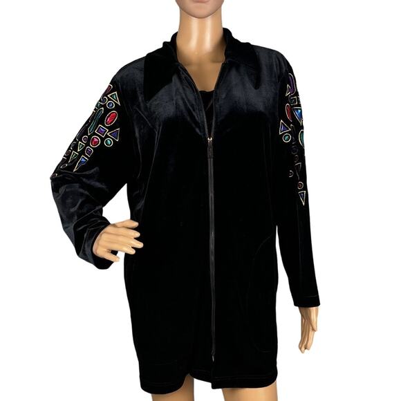 Vintage Bob Mackie Velour Jacket & Shell Black Embroidered Jewel Tones Size M - Picture 1 of 12